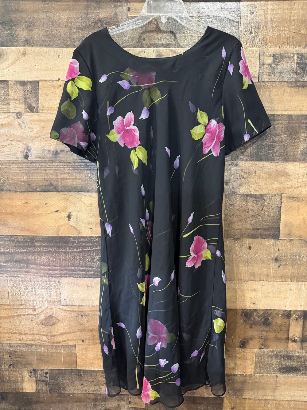 Jessica Howard Vintage Floral Shift Dress - Sheer Overlay - Black/ Pink/ Purple